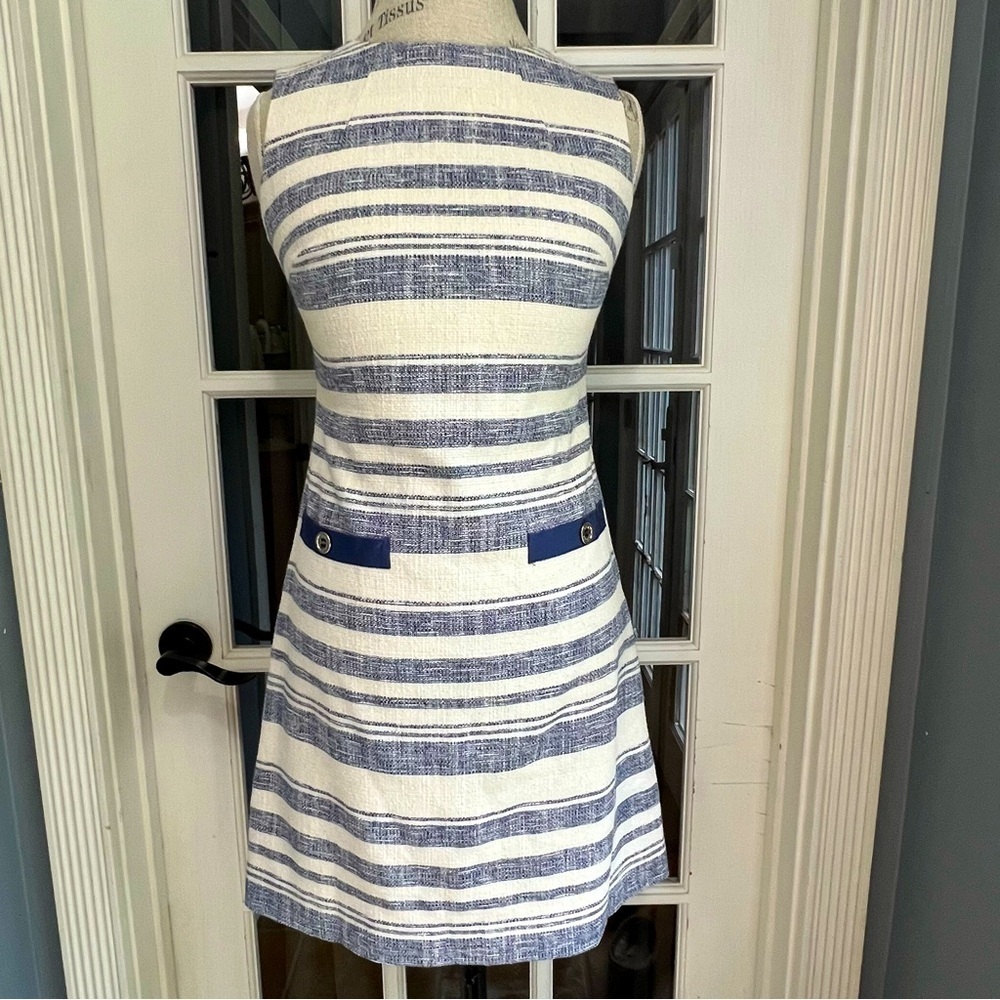 NWOT TOMMY HILFIGER Off White/Navy Sheath Midi Dress Concealed Back Zipper Sz 2 - Picture 1 of 13